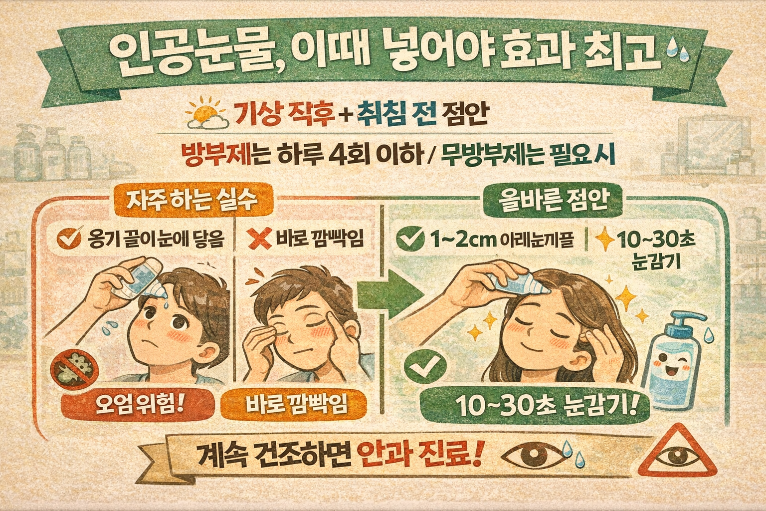 인공눈물, 아무 때나 넣지 마세요: 효과 최고 ‘기상 직후·잠들기 전’ + 방부제별 사용 횟수·점안법