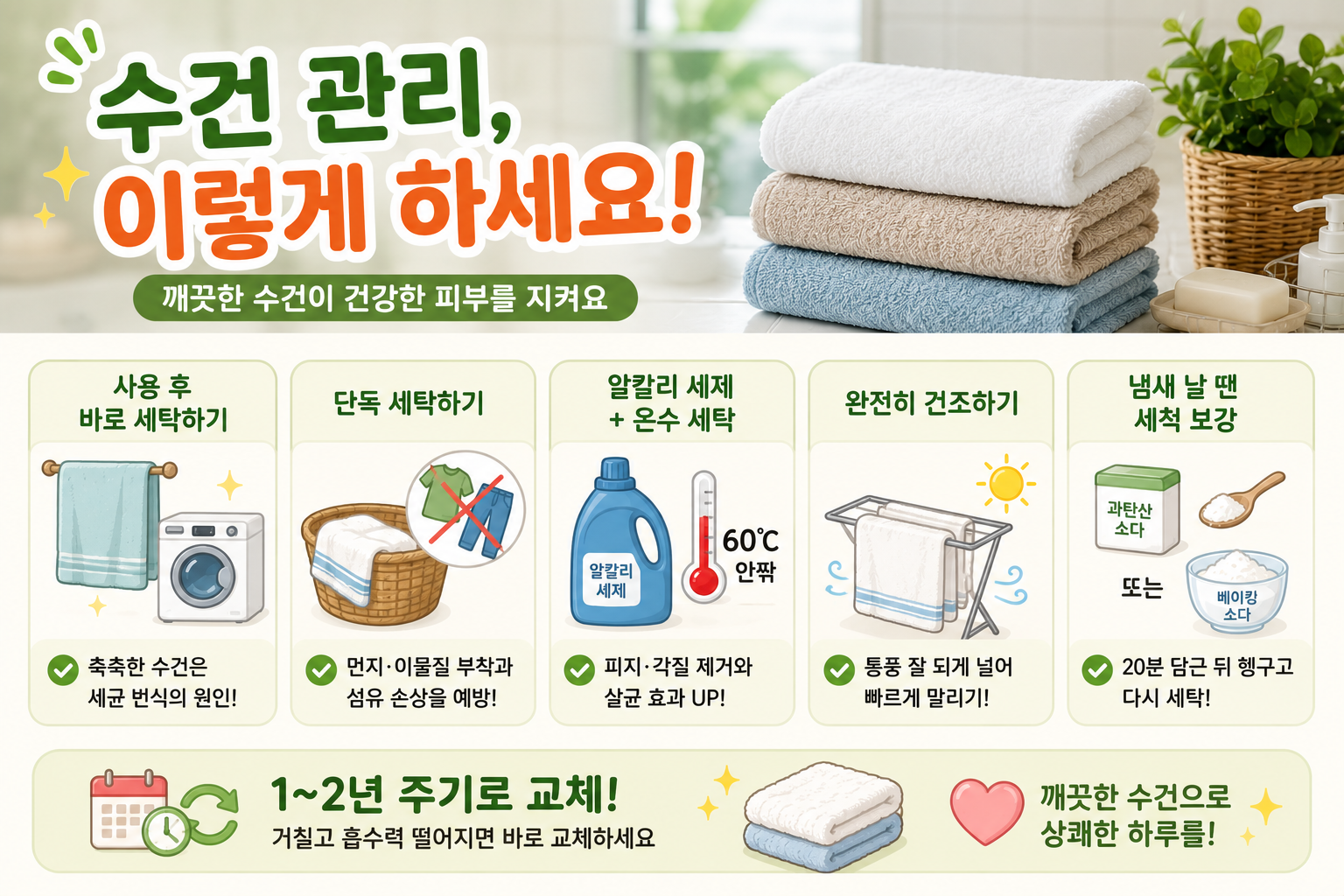 수건 쉰내 안 없어지는 이유? 세균 잡는 60도 세탁법과 교체 주기