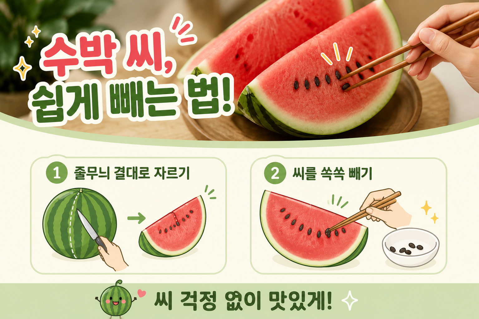 수박씨 쉽게 빼는 법, 검은 줄무늬 따라 자르면 젓가락으로 쏙 빠집니다