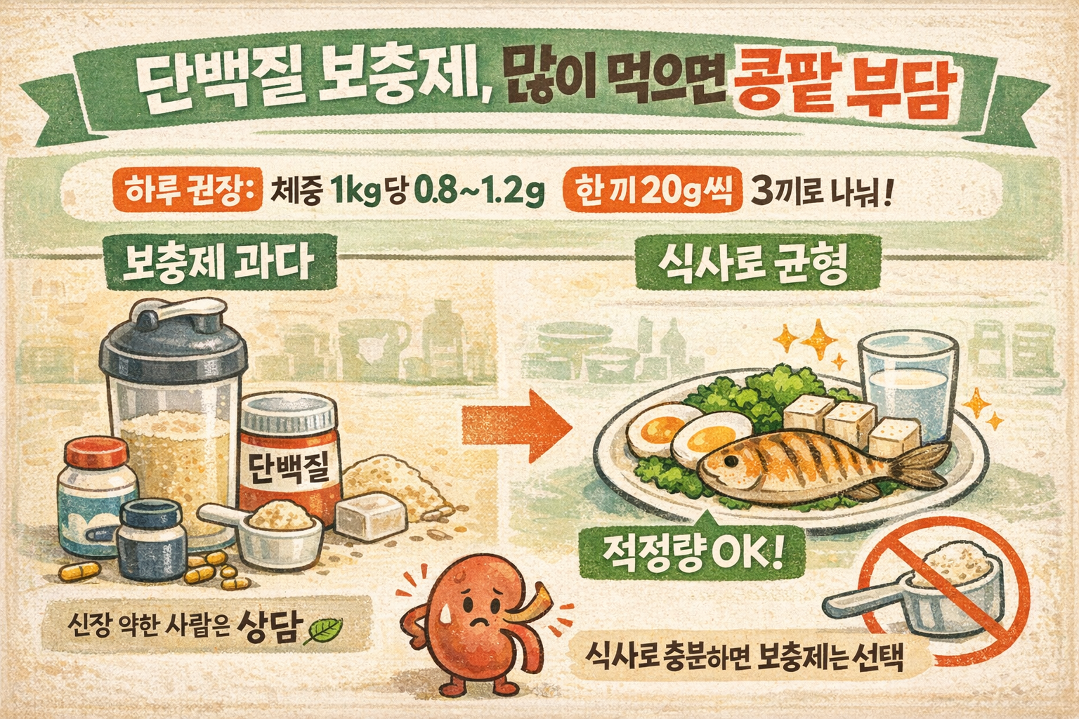 단백질 보충제 많이 먹으면 신장에 부담? 내 체중에 맞는 적정량(0.8~1.2g/kg) 한눈에