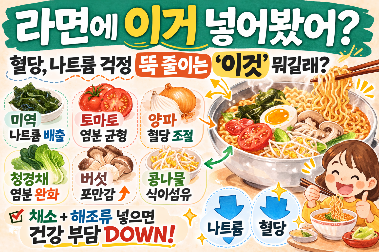 라면에 넣으면 좋은 재료, 혈당·나트륨 걱정 줄이는 채소와 해조류