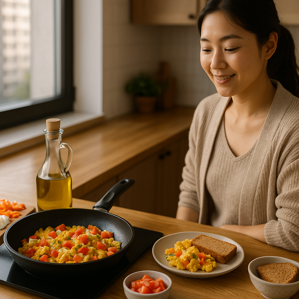 아침 양파·토마토 달걀 스크램블, 혈당 스파이크 완화? LDL 걱정 줄이는 먹는 법
