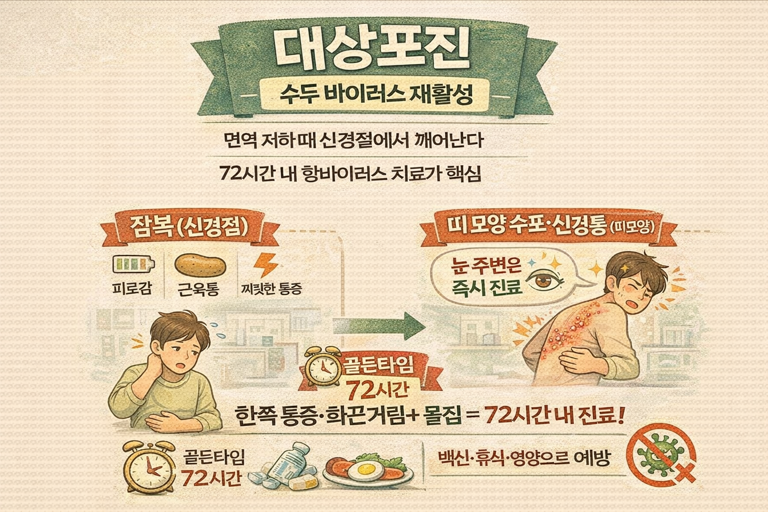 대상포진 초기 72시간이 골든타임: 수두 바이러스 재활성화·얼굴 침범 합병증(실명 위험)까지