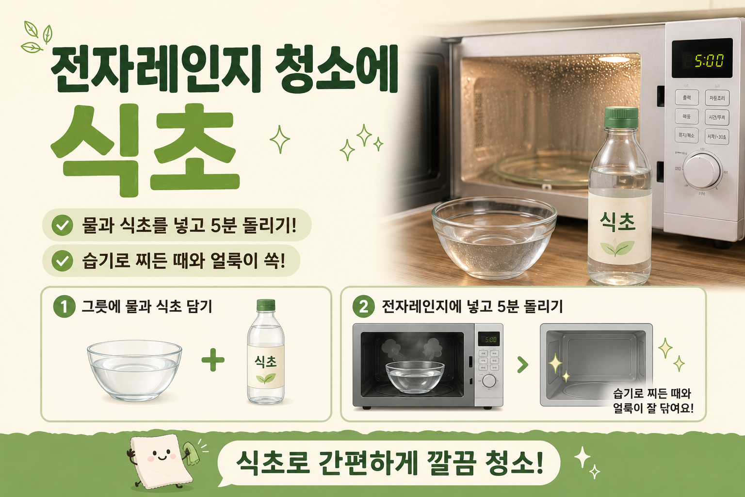 전자레인지 찌든 때 식초 하나로 끝! 5분 만에 냄새까지 잡는 청소법