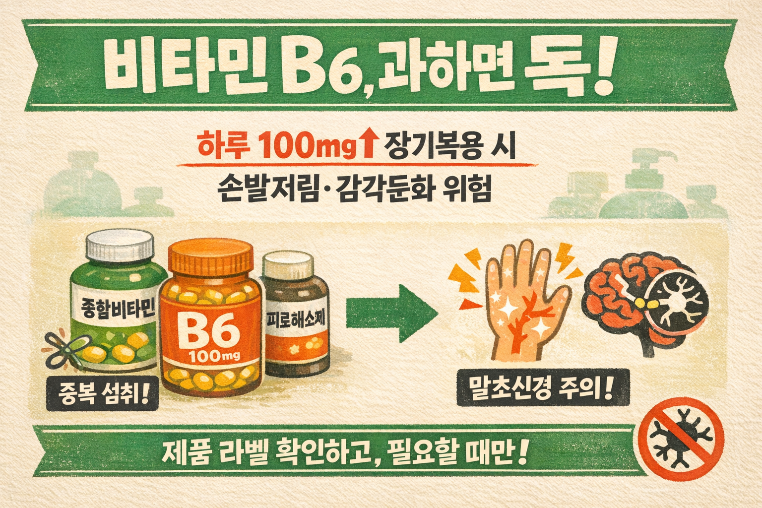 비타민B6 상한량 100mg, 과다복용하면 손발저림·말초신경병증 위험(종합비타민 중복 섭취 주의)
