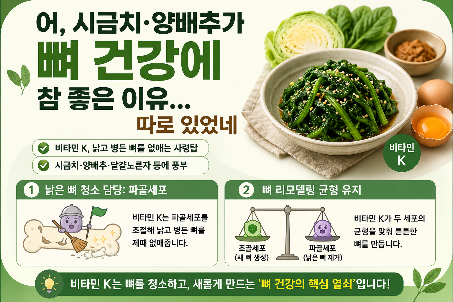 시금치·양배추가 뼈 건강에 좋은 진짜 이유, 비타민K가 뼈를 청소한다?