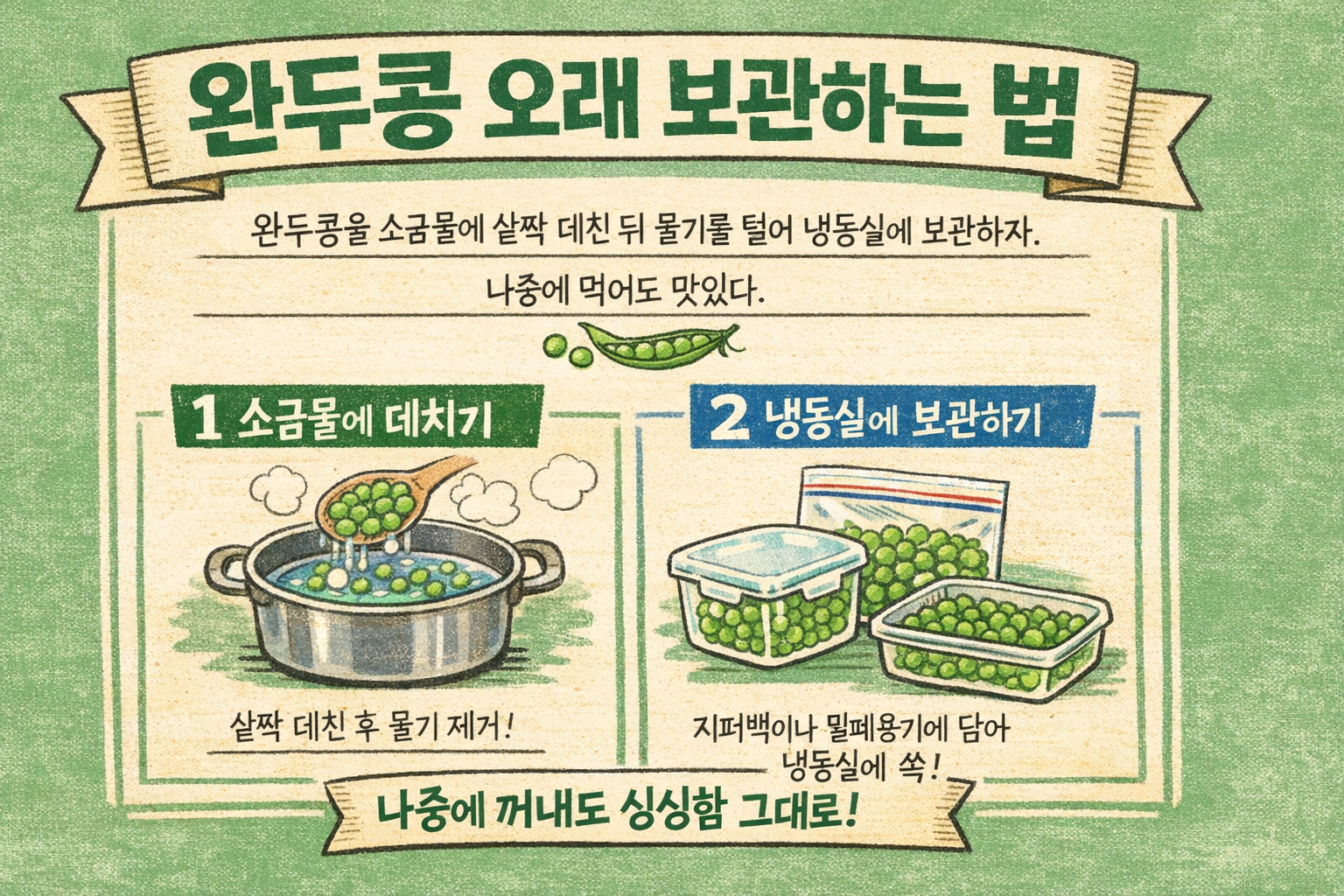 완두콩 오래 보관하는 법, 소금물에 살짝 데쳐 냉동하세요