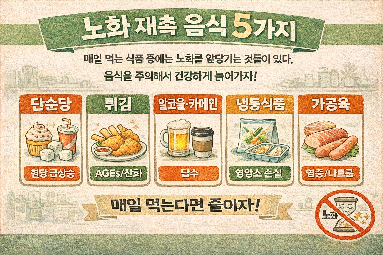 매일 먹는데 노화 재촉? 가속노화 부르는 음식 5가지(단순당·튀김·술/카페인·냉동식품·가공육)