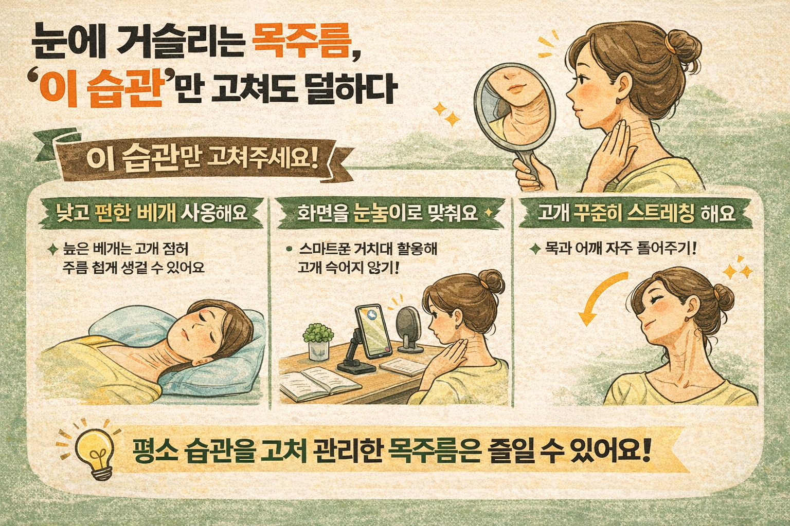 목주름 줄이는 법, 스마트폰·높은 베개 습관만 고쳐도 덜하다