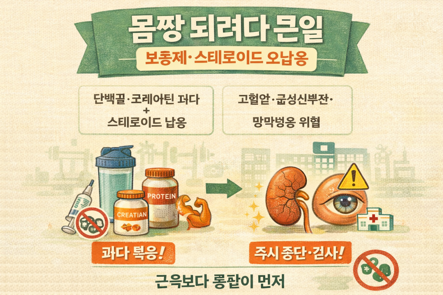 보디빌딩 보충제·스테로이드 오남용 경고: 31세 남성 급성신부전·시력 저하(퍼처 유사 망막병증) 사례