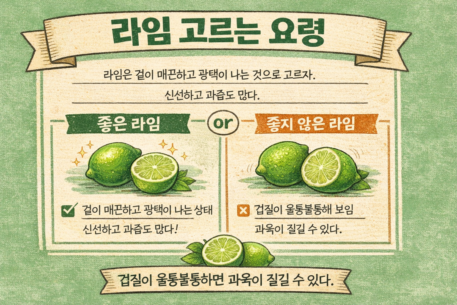 라임 고르는 요령, 매끈하고 광택 나는 라임이 과즙 많습니다