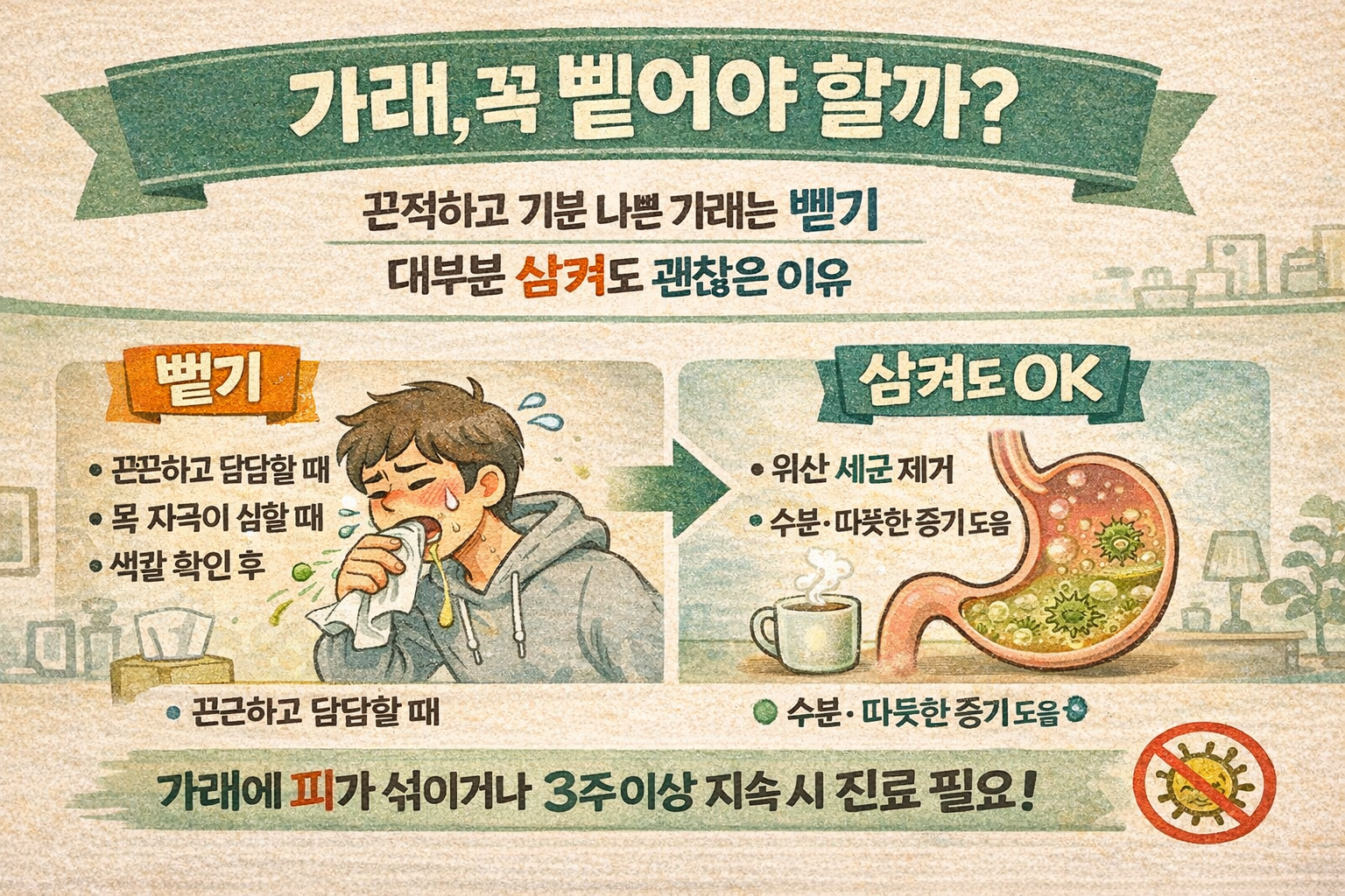 가래 꼭 뱉어야 할까? 삼켜도 괜찮은 이유와 ‘뱉어야 하는 순간’ 3가지