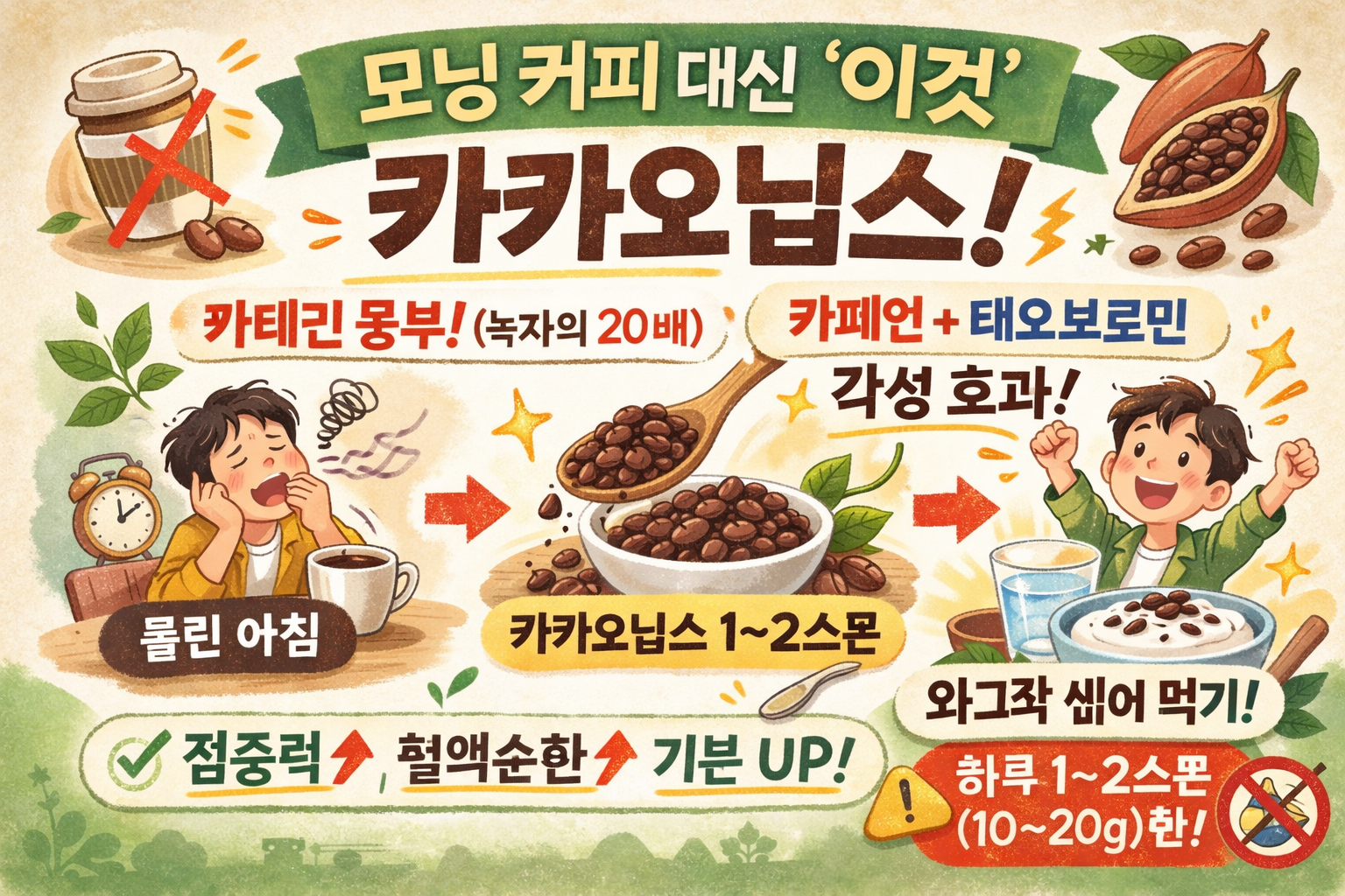 모닝 커피 대신 카카오닙스: 졸음 깨는 각성 효과와 항산화 효능, 하루 권장량까지