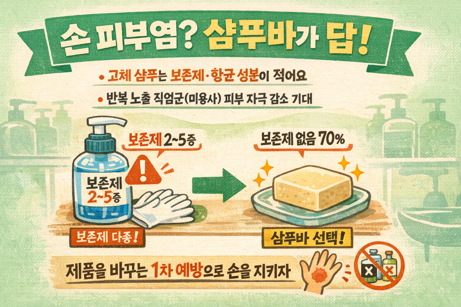 샴푸 때문에 손 피부염 심해졌다면? ‘샴푸바’가 답일까: 액체샴푸 vs 고체샴푸 보존제 차이(접촉성 알레르기 예방)