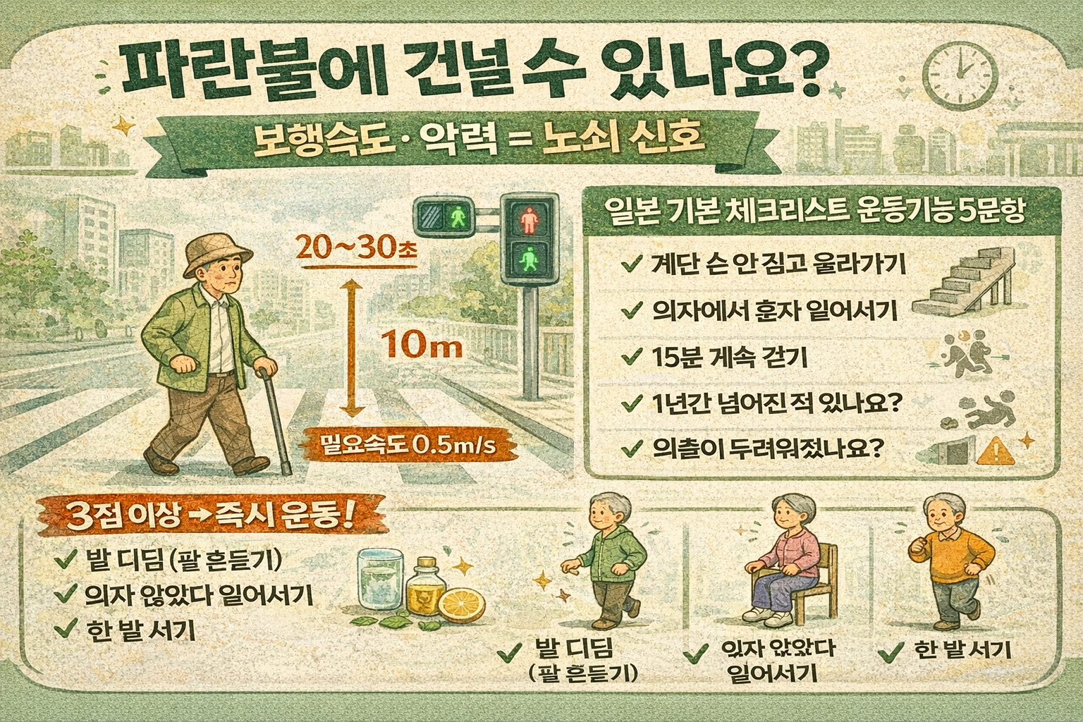 “파란불에 건널 수 있나요?” 일본이 잡아낸 노쇠(프레일티) 신호…보행속도·악력 체크법