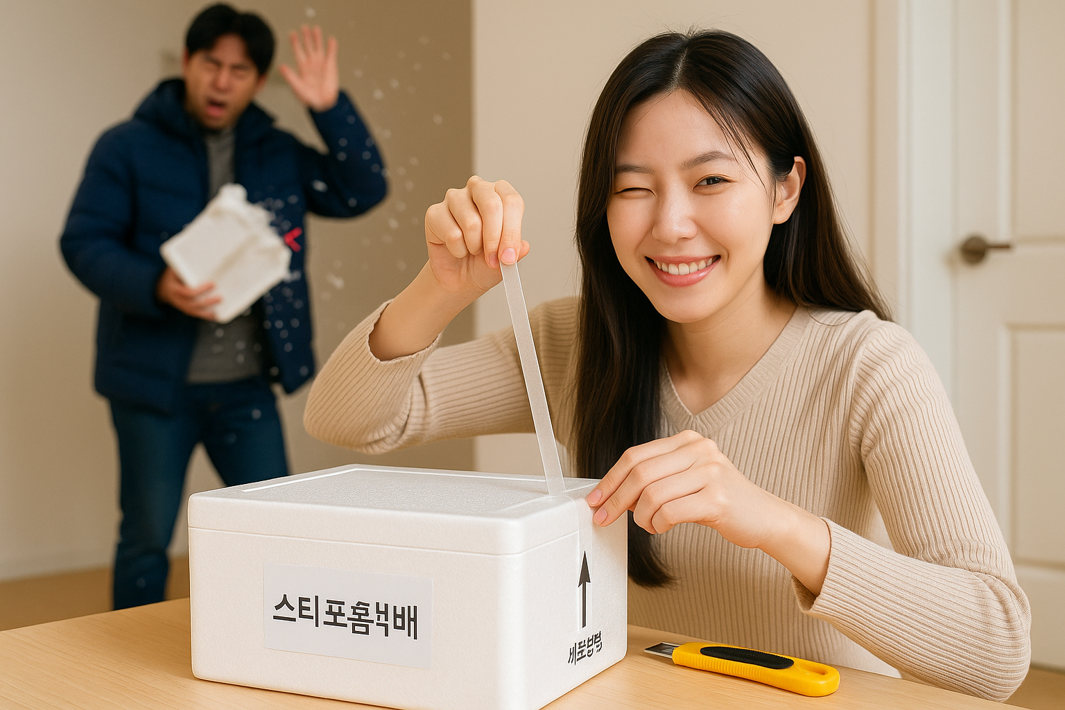 스티로폼 택배 테이프 뜯는 법 | 세로 칼집 후 한 번에 떼어 부스러기 최소화