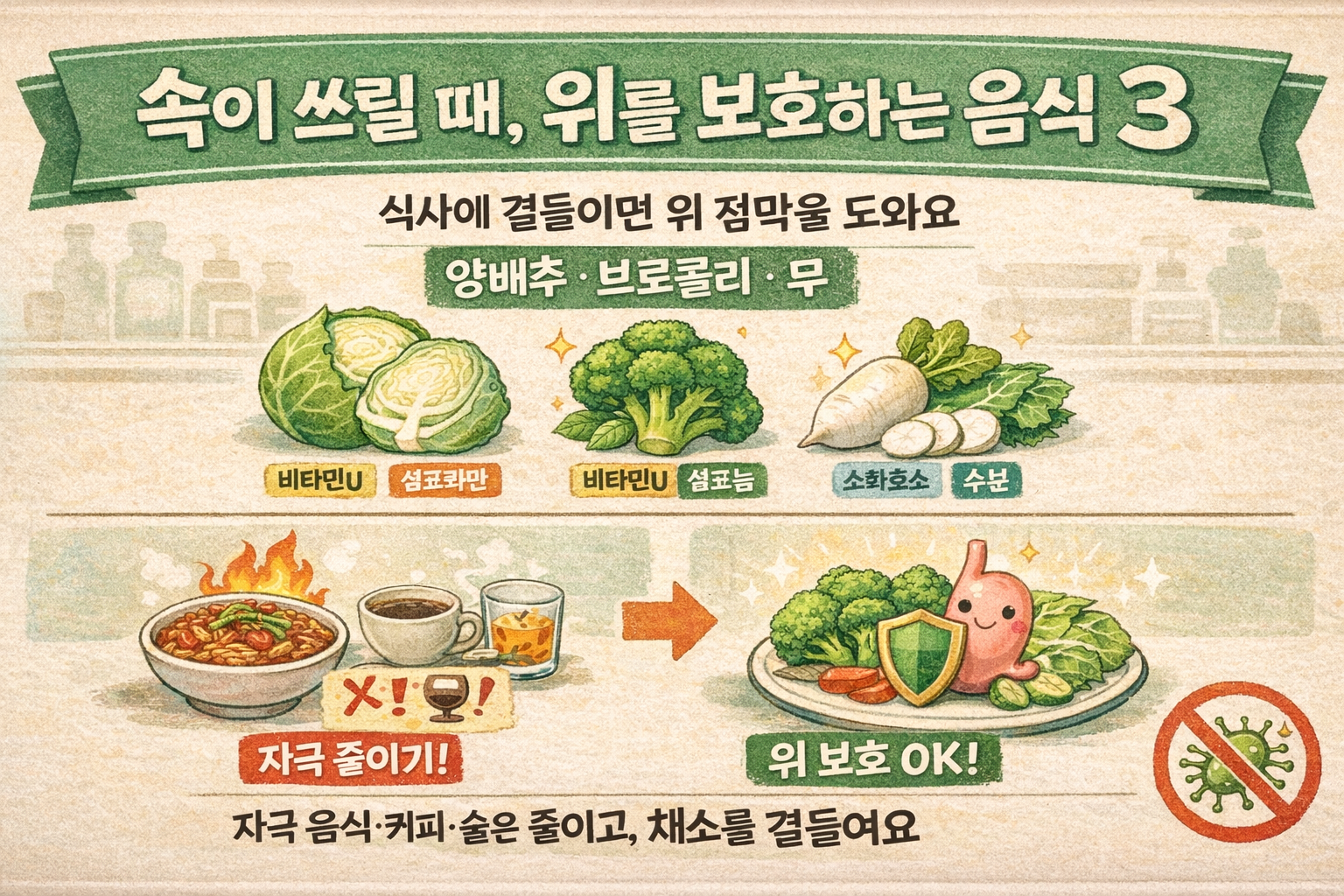 속쓰림 자주 된다면? 위 점막 보호하는 음식 3가지(양배추·브로콜리·무)와 먹는 법