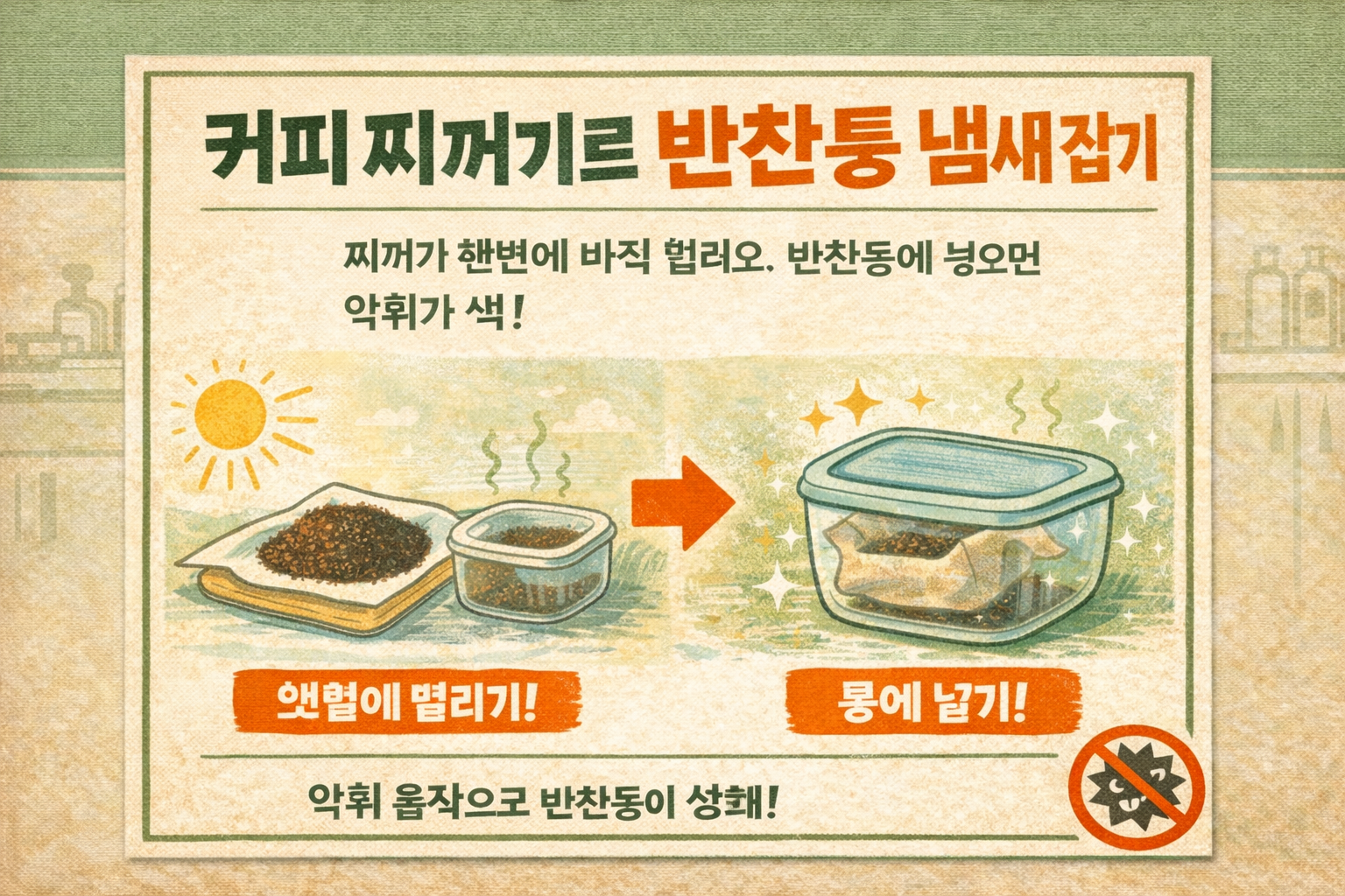 반찬통 냄새, 커피 찌꺼기 한 줌이면 끝! 햇볕에 말려 넣는 초간단 탈취법