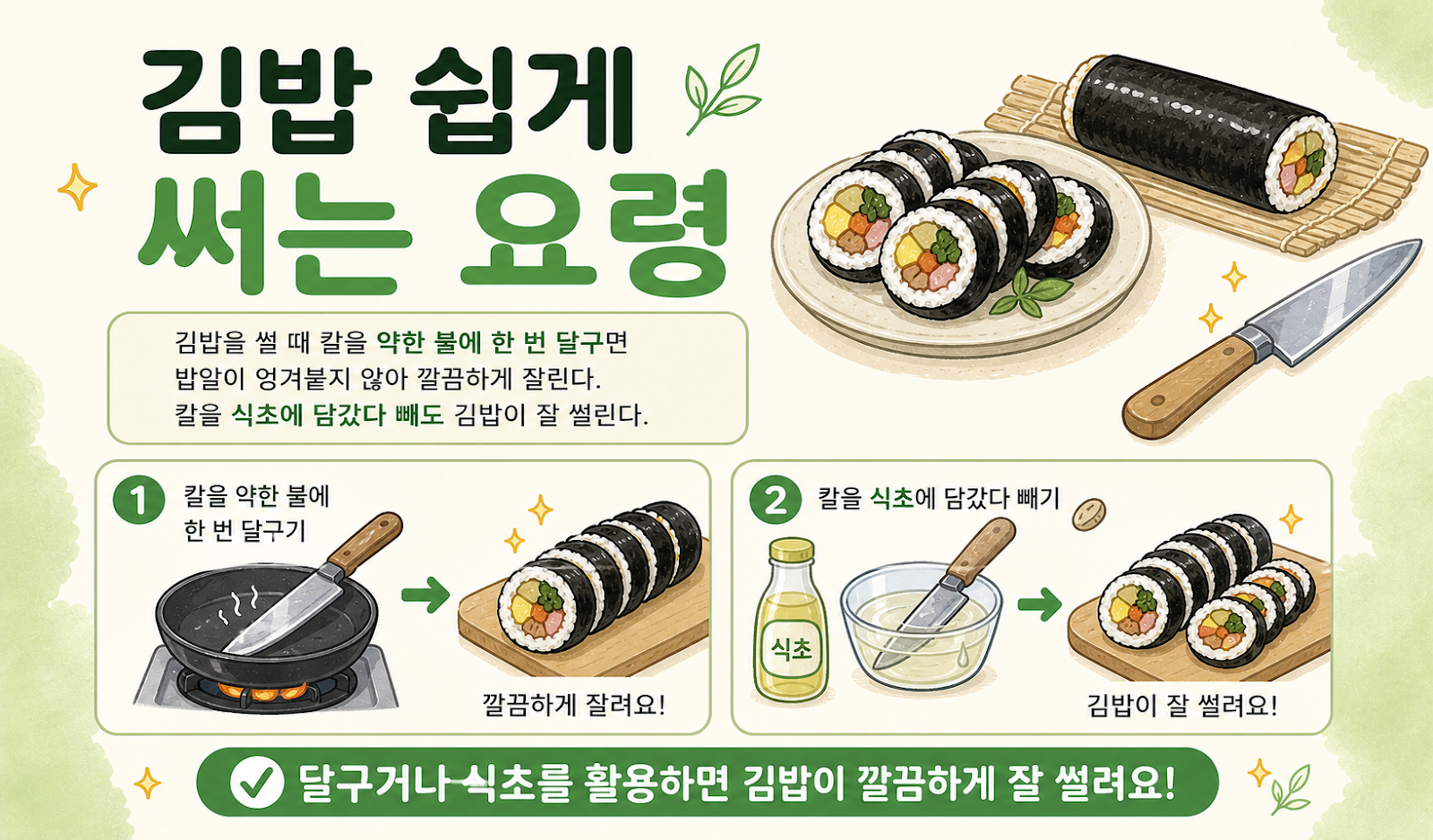 김밥 쉽게 써는 요령, 칼만 달궈도 끝! 밥알 안 붙고 깔끔하게 자르는 비법
