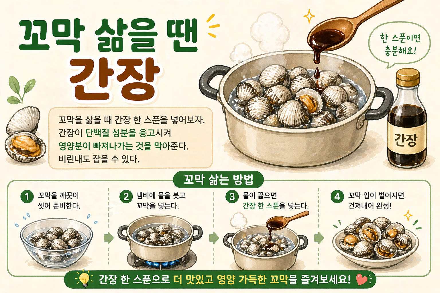 꼬막 삶을 때 간장 한 스푼, 그냥 넣는 게 아닙니다…비린내 줄이고 영양 지키는 삶는 법