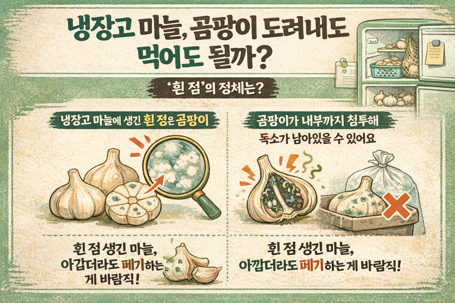 마늘 흰 점 먹어도 될까? 곰팡이 도려내면 안 되는 이유와 싹·초록색 구별법