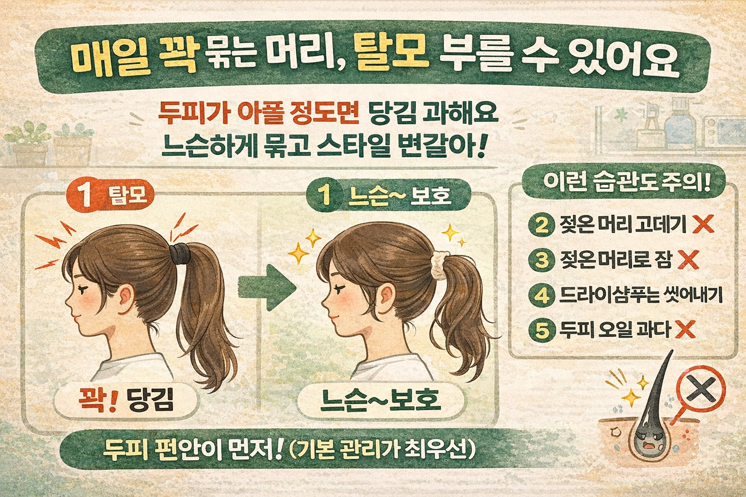 매일 하는 이 습관이 탈모 부른다? 피부과 전문의가 경고한 ‘두피 망치는 8가지’(포니테일·젖은 머리 취침·드라이샴푸)