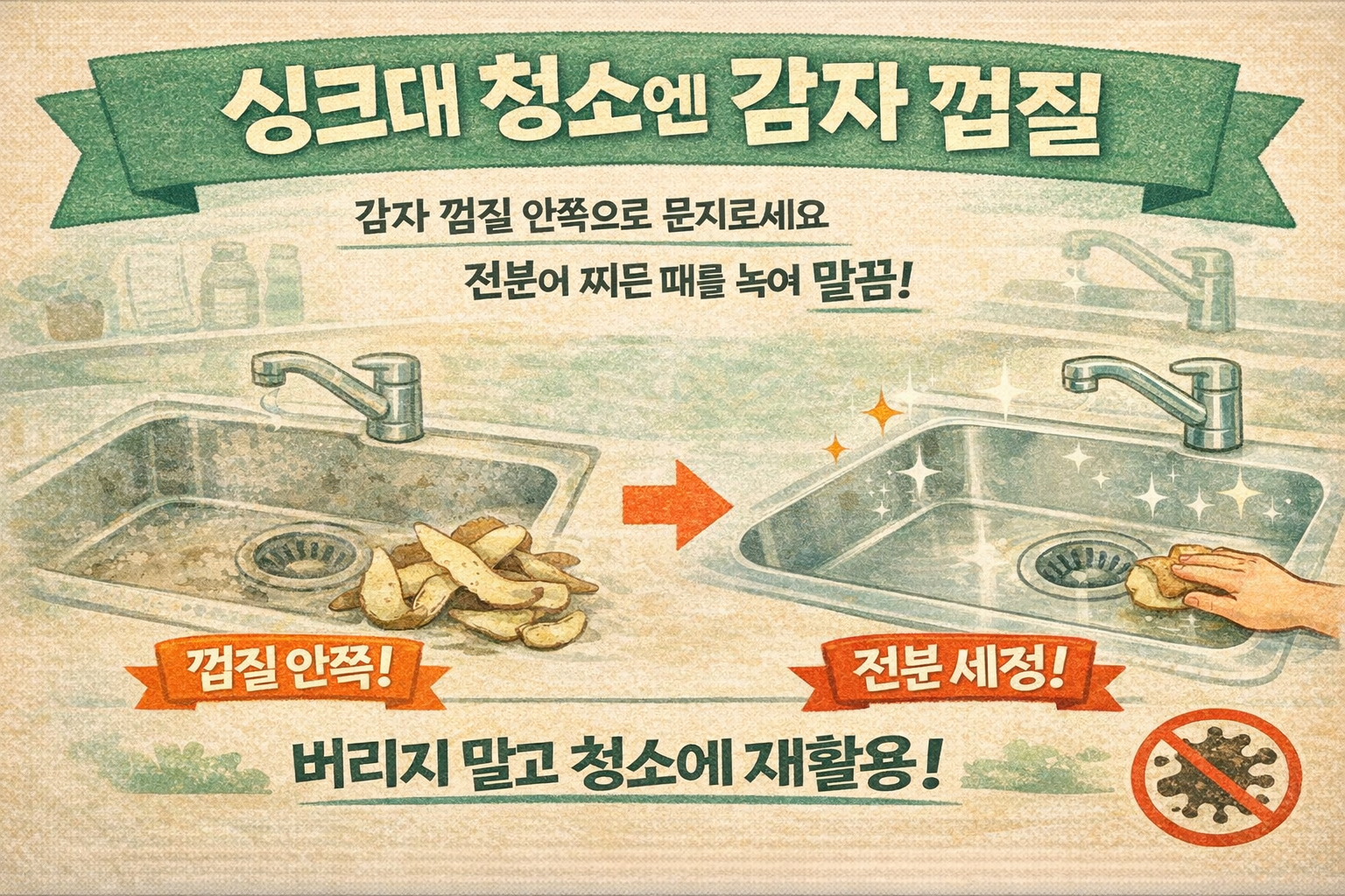 싱크대 청소 꿀팁: 감자 껍질 전분으로 찌든 때 쉽게 제거하는 방법