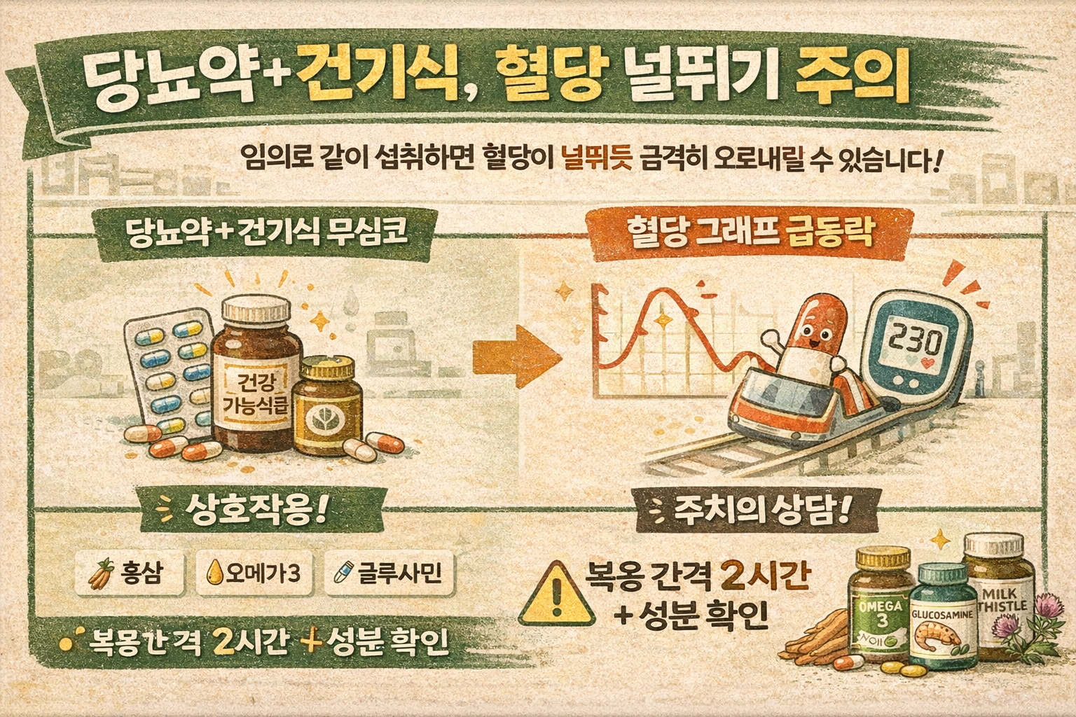 당뇨약 먹는 사람 주의! 홍삼·오메가3 같이 먹다 혈당 널뛰기? ‘건강기능식품 상호작용’ 체크리스트