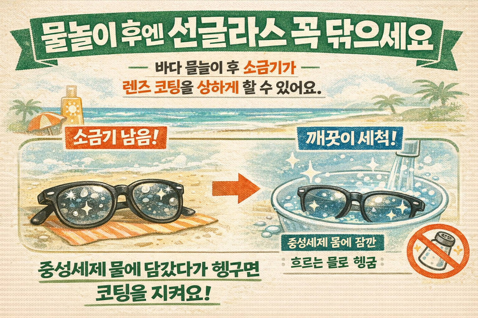 바다 물놀이 후 선글라스 관리법: 소금기 제거로 코팅 보호! 중성세제로 세척하는 법