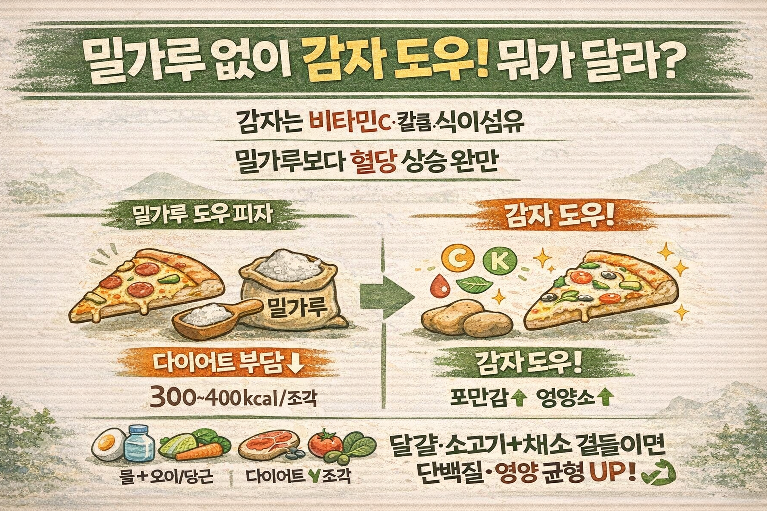 밀가루 없이 감자 도우 피자, 무슨 효과? 포만감·영양 보충에 좋고 달걀·소고기 더하면 단백질까지