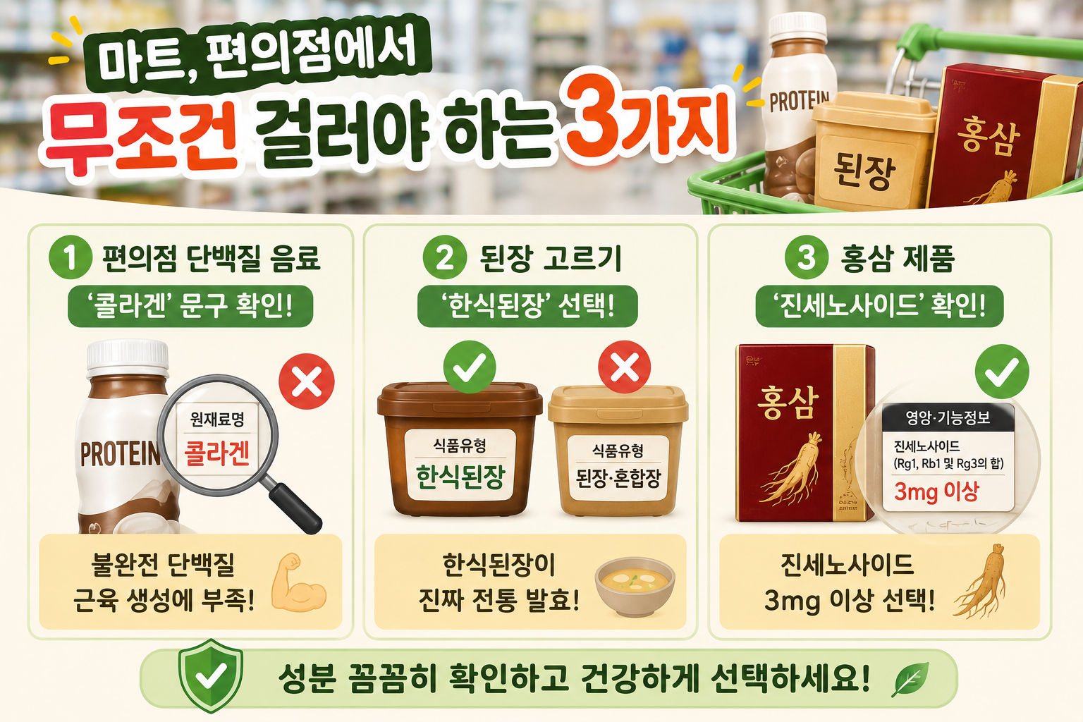 마트·편의점에서 꼭 확인할 식품 라벨 3가지, 단백질 음료·된장·홍삼 고르는 법