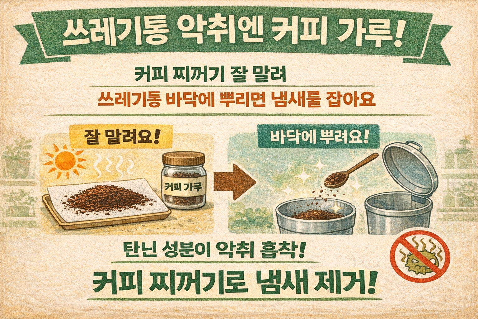 쓰레기통 악취 제거 꿀팁: 말린 커피찌꺼기(커피가루)로 냄새 잡는 법 + 교체주기