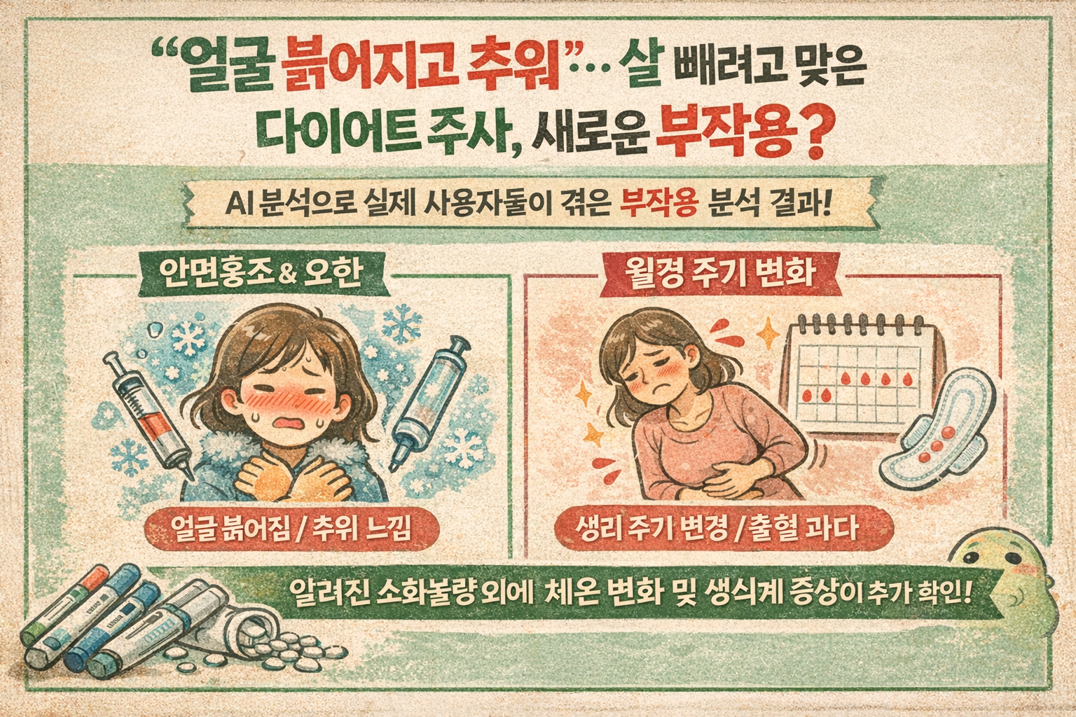 다이어트 주사 부작용 새로 확인…GLP-1 오한·안면홍조·월경 변화 주의