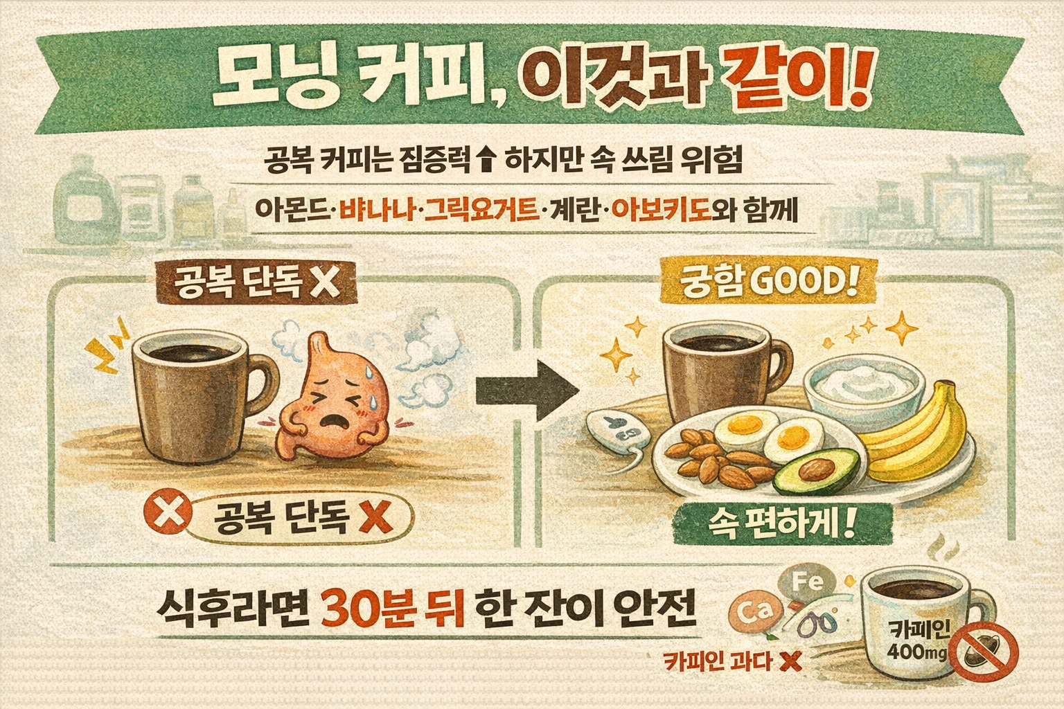 모닝 커피 ‘궁합 좋은 음식’ 5가지: 아몬드·바나나·그릭요거트·계란·아보카도, 식후 30분 룰