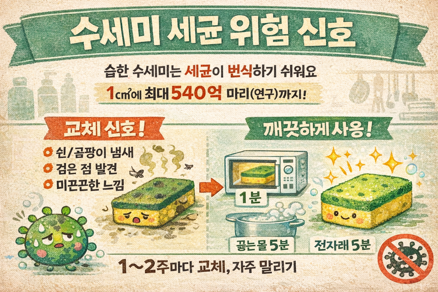 수세미 세균이 그릇까지? ‘쉰 냄새·검은점·끈적임’이면 즉시 교체…전자레인지 소독법까지