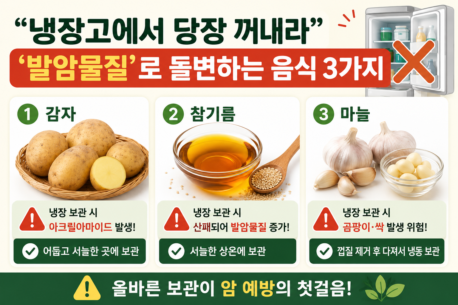 냉장고에 넣으면 독 된다? 감자·참기름·마늘 당장 꺼내야 하는 이유
