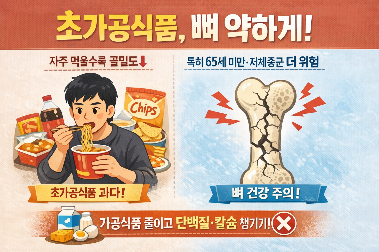 초가공식품이 뼈 약하게 만든다? 65세 미만·저체중이 더 위험한 이유