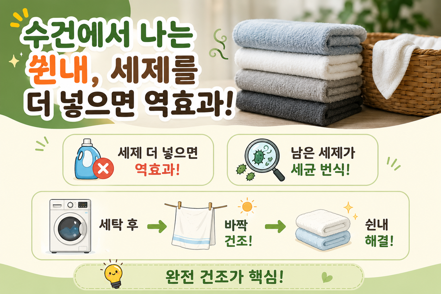 수건 쉰내 난다고 세제 더 넣지 마세요! 냄새가 더 심해지는 이유