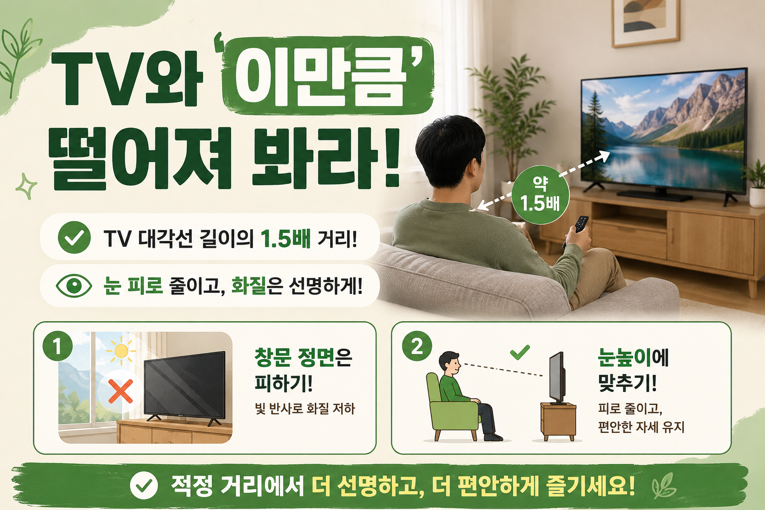 TV 최적 시청 거리, 55인치 2m가 답? 눈 피로 줄이는 크기별 거리