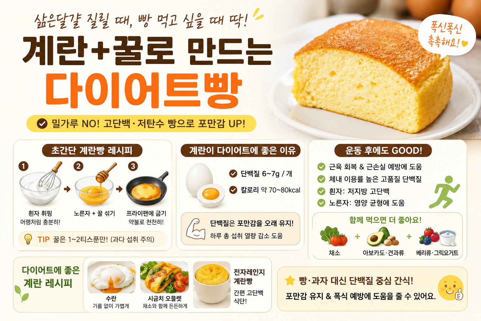 삶은달걀 질릴 때 딱 좋은 계란 꿀 다이어트빵, 밀가루 없이 포만감 높이는 법