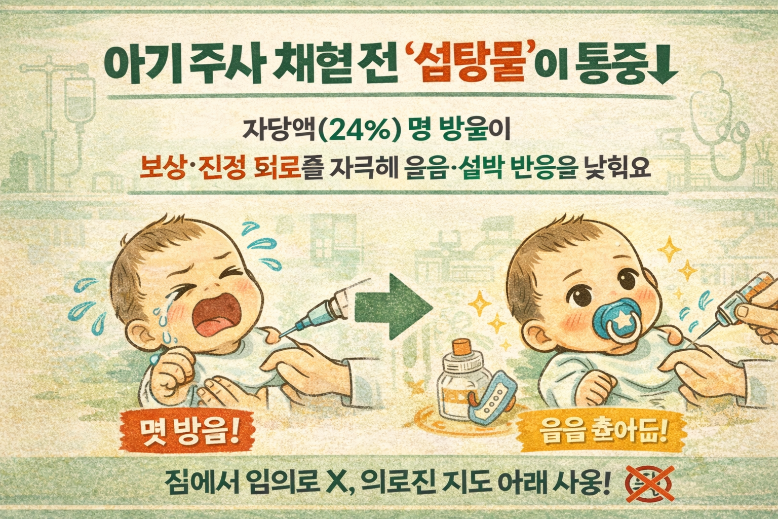 아기 채혈·주사 전 24% 자당액 몇 방울이 통증 반응(울음·심박수)을 낮춘다. 단맛이 뇌 보상·진정 회로를 자극. 집에서 임의 사용 X.