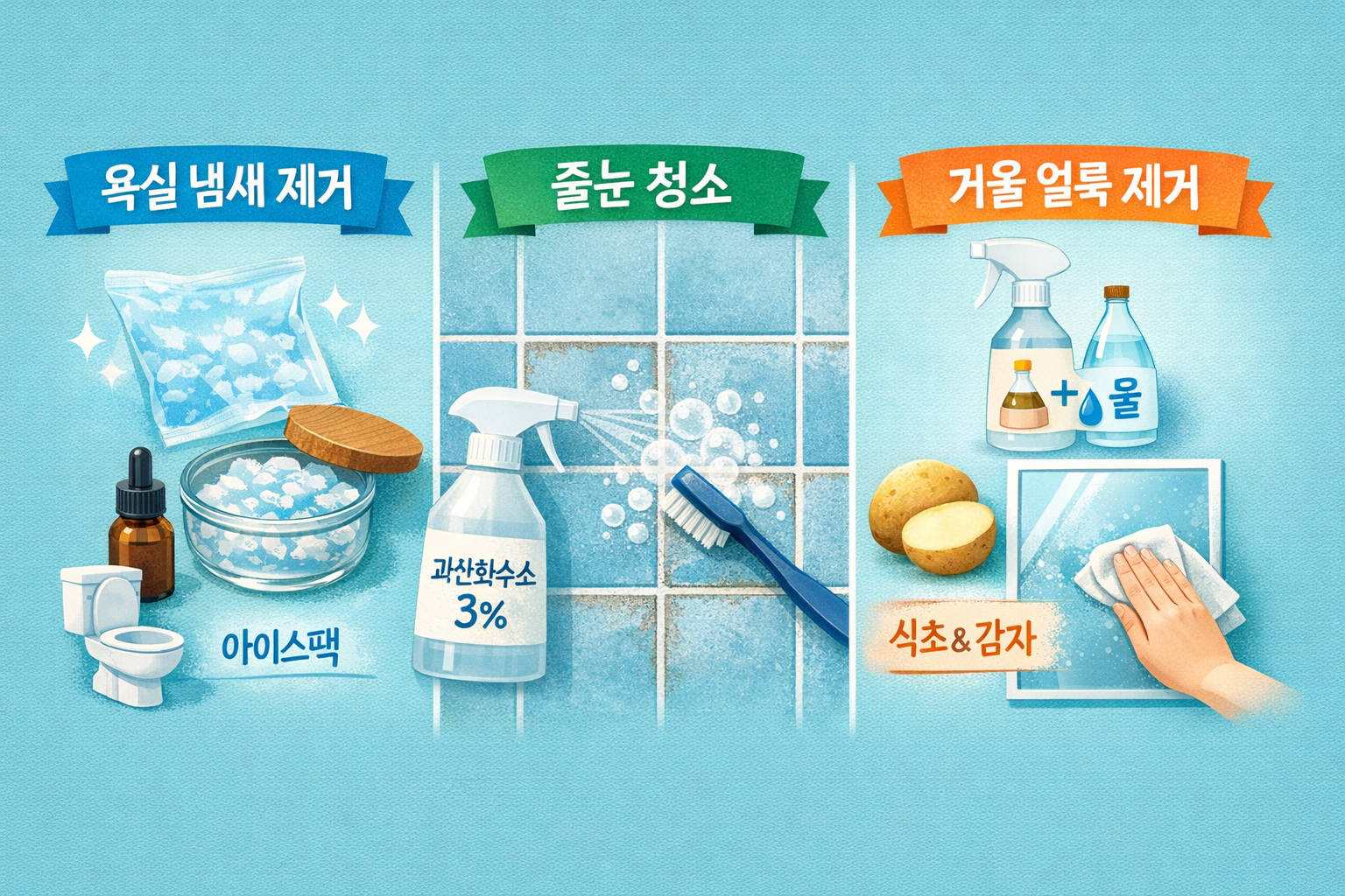 욕실 냄새 제거부터 줄눈 청소까지…세제 없이 아이스팩·과산화수소·식초로 끝