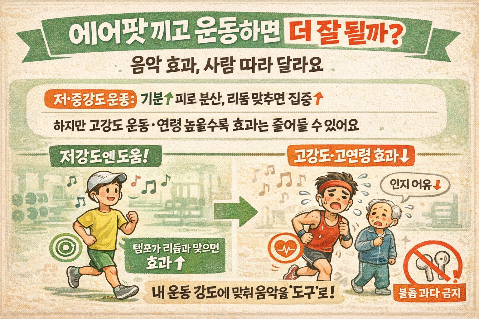 에어팟 끼고 운동하면 진짜 더 잘될까? 고강도·나이 많은 사람은 효과 줄어든다(메타분석)