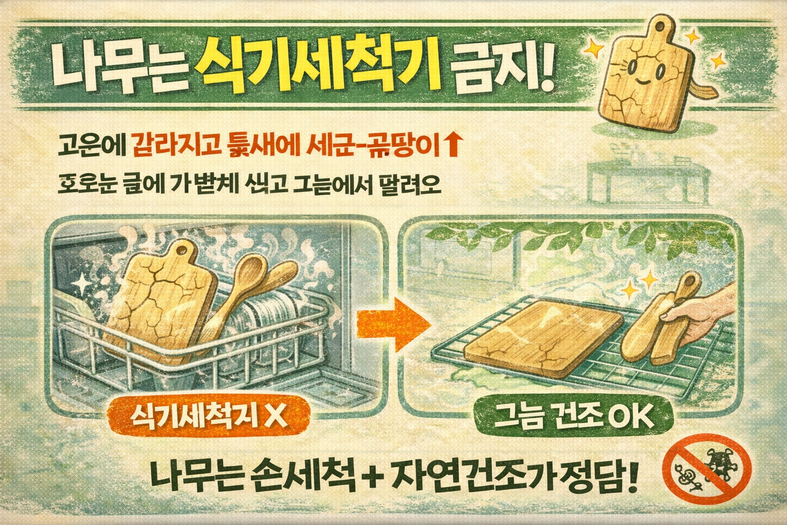 나무 도마·수저, 식기세척기 금지! 갈라짐·세균 번식 막는 올바른 세척·건조법