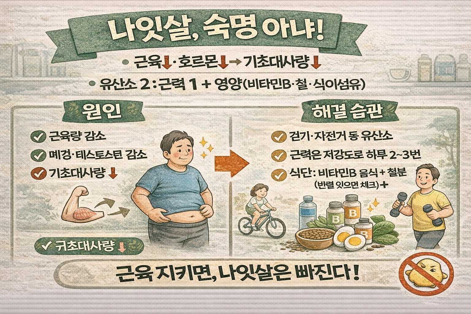 나잇살 빼는 습관 3가지: 유산소+근력 2:1로 하고 기초대사량 올리기(비타민B·철분·식이섬유 체크)