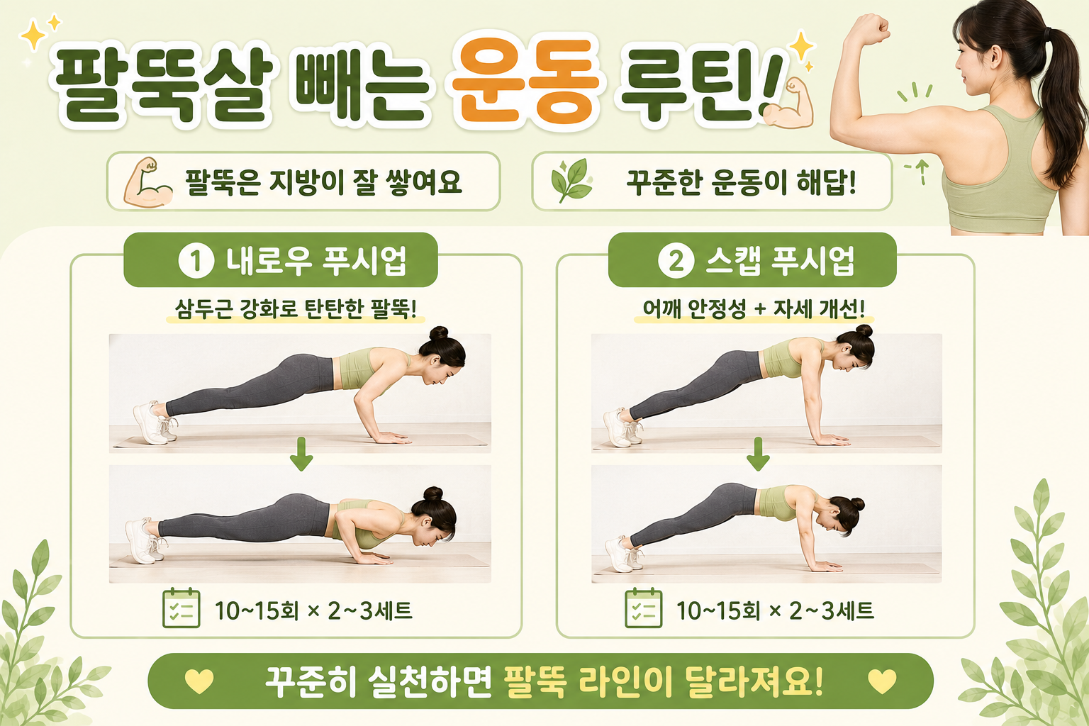 출렁이는 팔뚝살 빼는 운동, 집에서 하는 내로우 푸시업과 스캡 푸시업