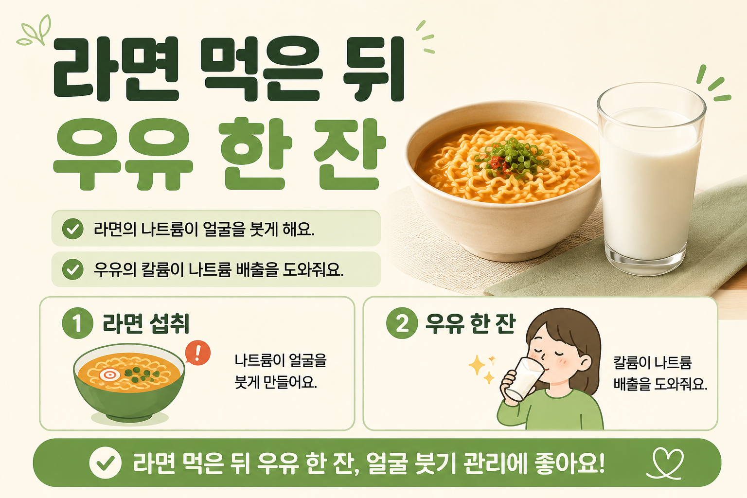 라면 먹은 뒤 우유 한 잔, 다음 날 얼굴 붓기 줄이는 이유