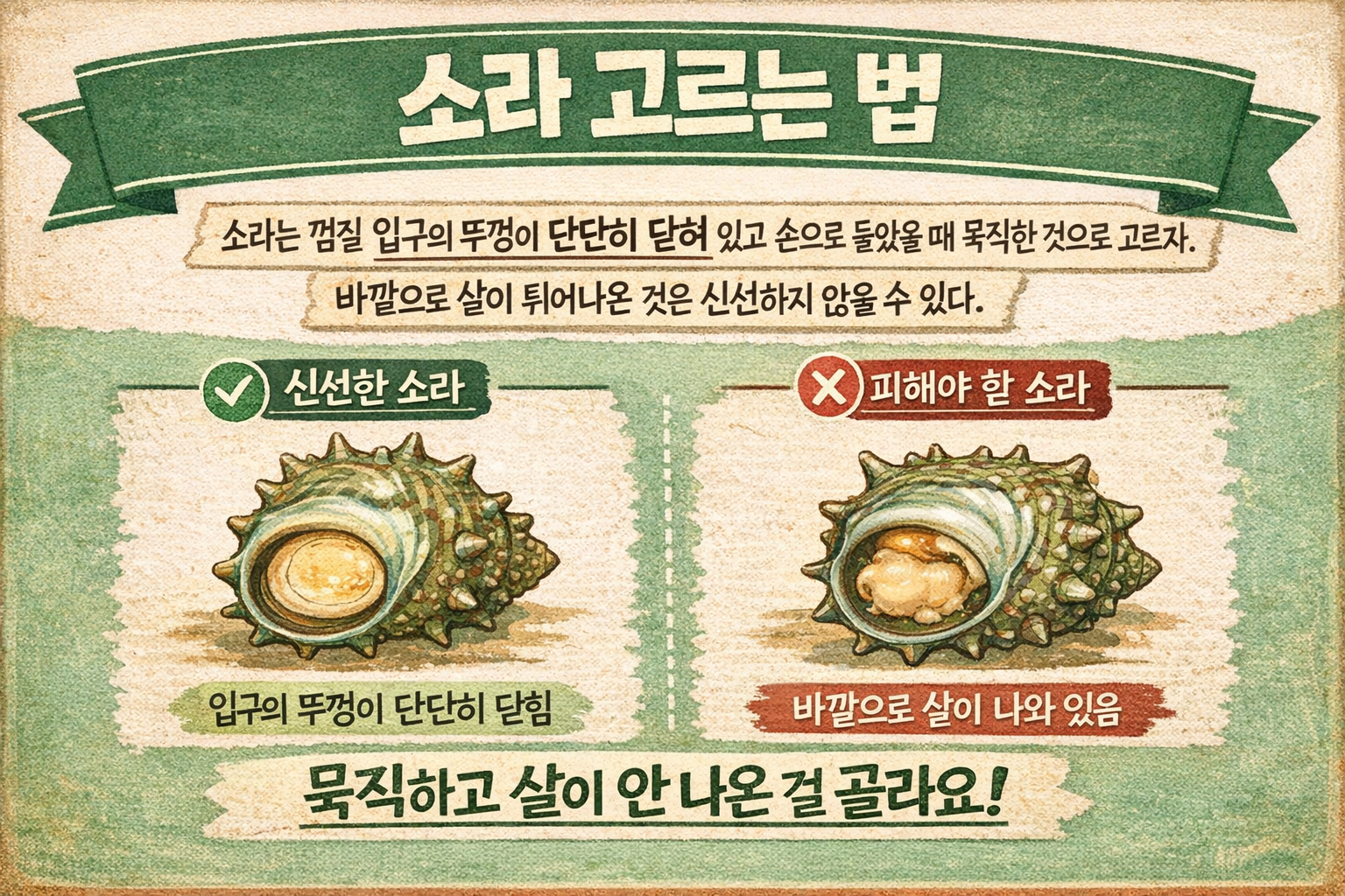 소라 고르는 법, 뚜껑이 단단히 닫히고 묵직한 신선한 소라 고르기