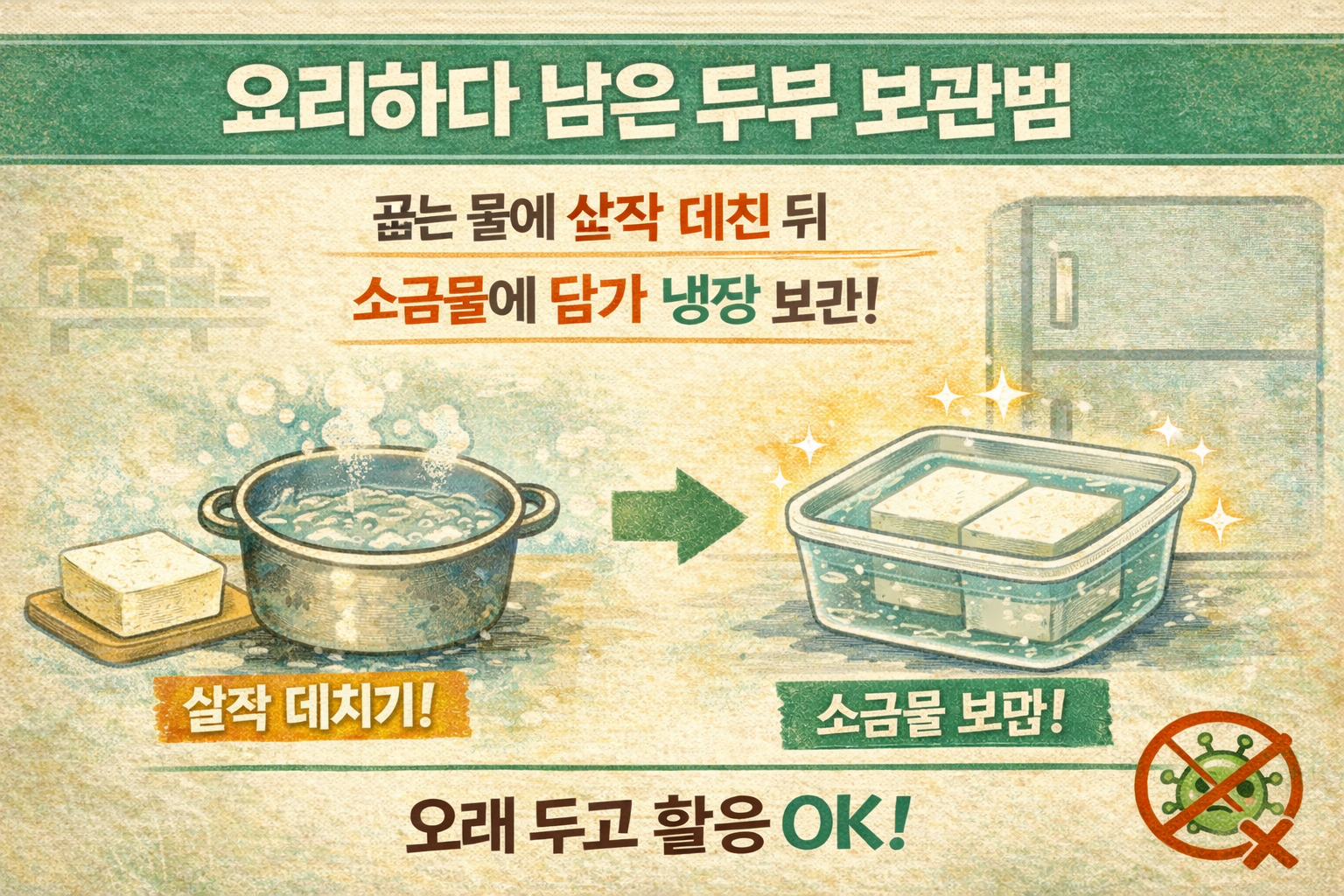 남은 두부 오래 보관하는 법: 데친 뒤 소금물에 담가 냉장하기