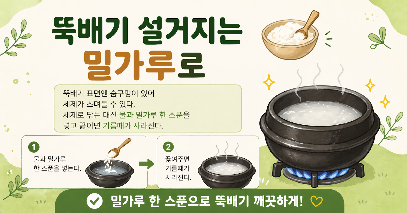 뚝배기 설거지는 밀가루로, 세제 없이 기름때 없애는 초간단 팁